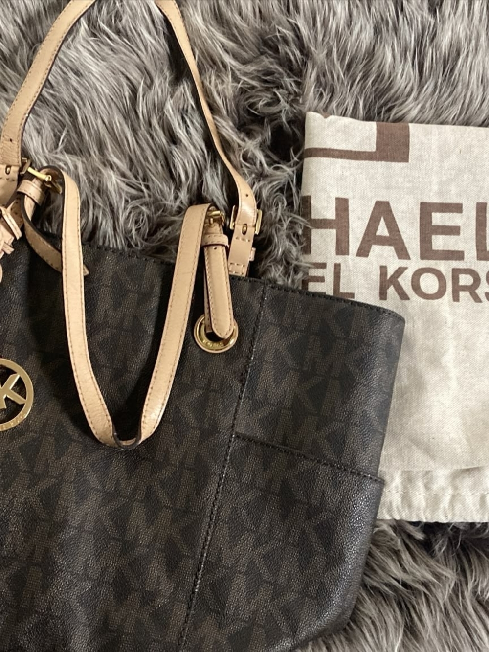 Michael Kors Brown Logo Tote with Beige Straps and Gold Hardware
